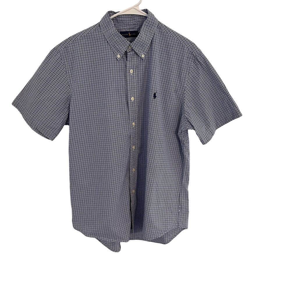 Ralph Lauren Plaid Dress Shirt Mens Size Large Blue Short Sleeves Classic Preppy
